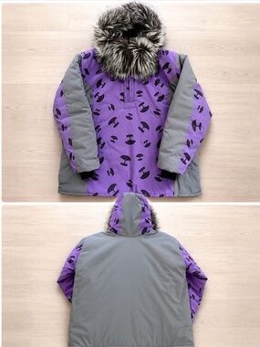 Women's Purple & Gray Insulated Puffer Jacket with real silver fox Fur Hood